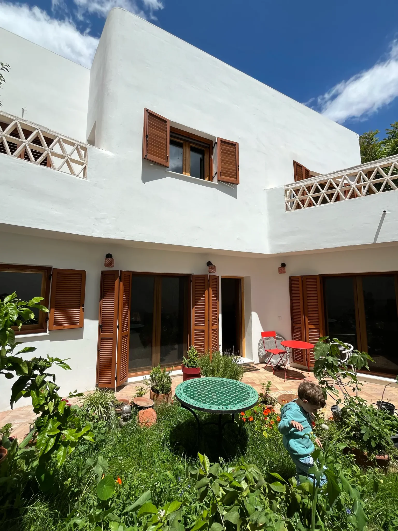 Patio encalado con plantas de la casa cueva de la Bola de Oro (Granada)
